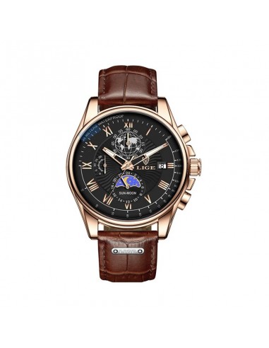 LIGE Urban Chrono - Montre Homme Chronographe Business Cuir Marron Fin de série