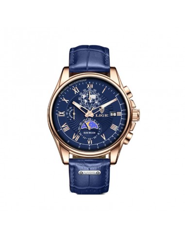 LIGE Urban Chrono - Montre Homme Chronographe Business Cuir Bleu JUSQU'A -70%! 